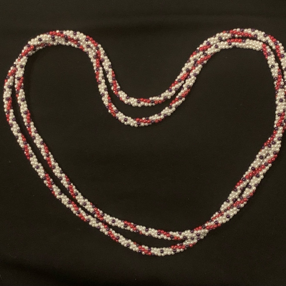 Handmade Beaded Long Strand Necklace in White, Red & Purple